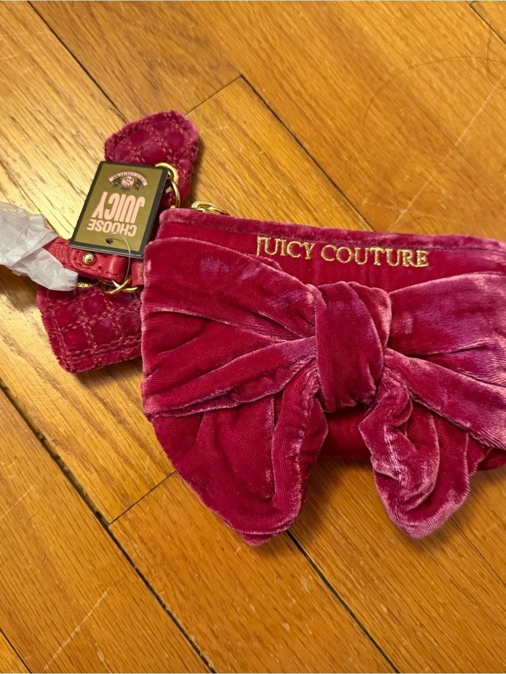 Juicy Couture Fuchsia Velvet Wristlet with Gold Crest